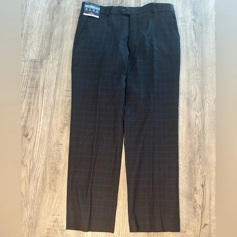 STAFFORD COOLMAX Classic Fit Flat Front Navy Plaid Dress Suit Pants NWT